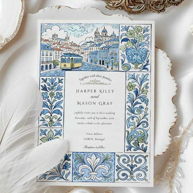 Watercolor Lisbon Hand-painted Azulejos Wedding Invitation