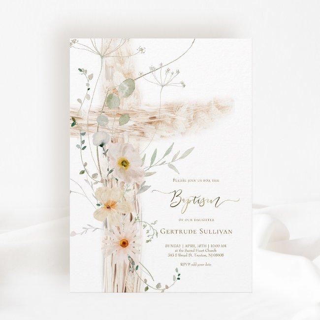 Watercolor Meadow Flowers Holy Cross Baptism Invitation