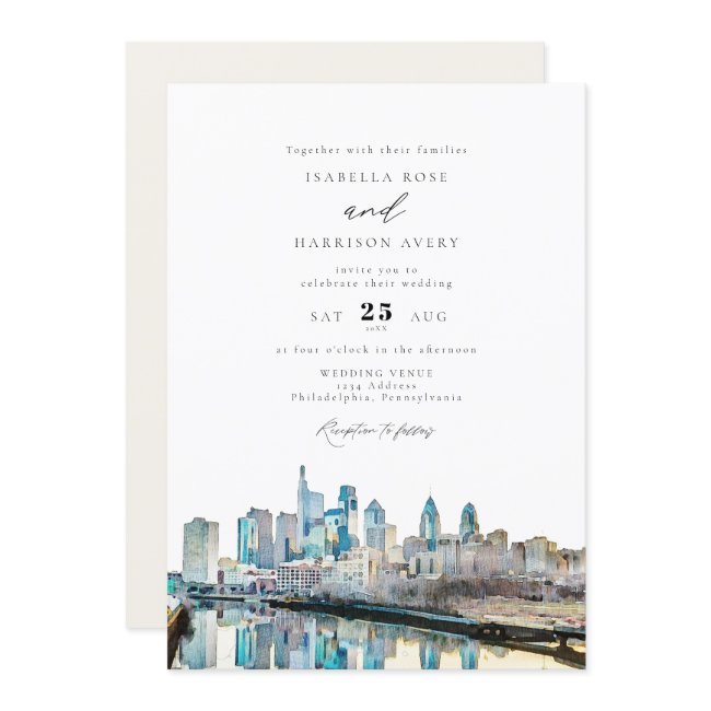 Watercolor Philadelphia Pennsylvania City Wedding Invitation