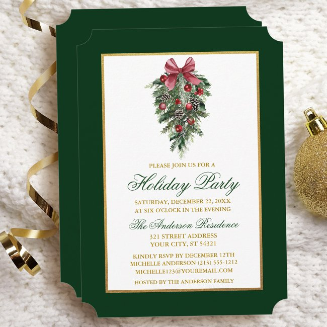 Watercolor Pines Calligraphy Gold Holiday Party Invitation