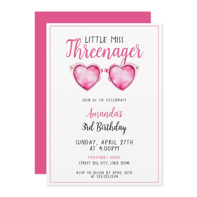 Watercolor Pink Heart Sunglasses 3rd Birthday Invitation