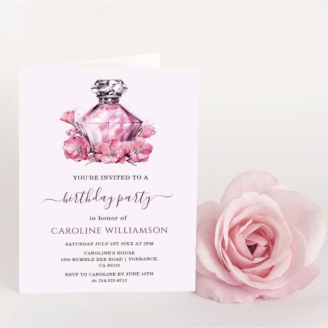 Watercolor Pink Perfume Flowers Birthday Invitation