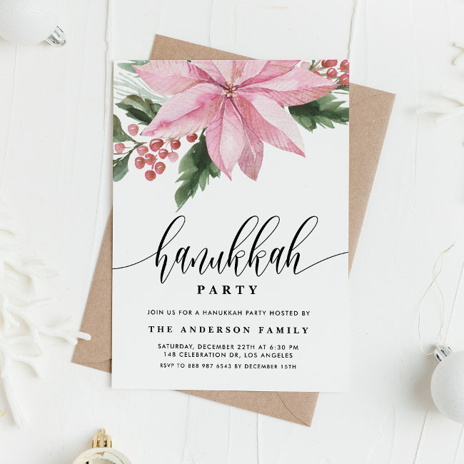 Watercolor Pink Poinsettia Holly Hanukkah Party Invitation