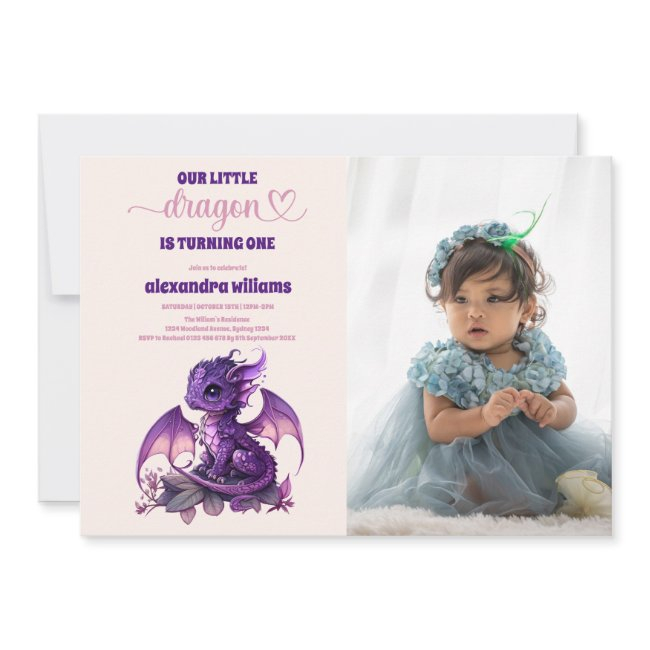 Watercolor Purple Dragon 1st Birthday Photo Invitation