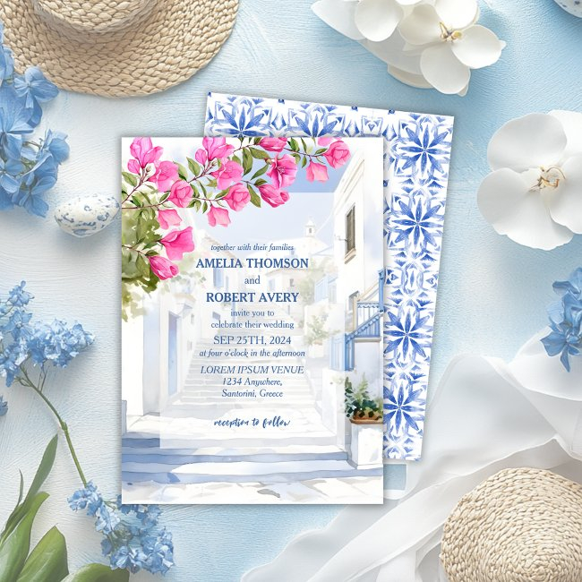 Watercolor Santorini Destination Greece Wedding Invitation