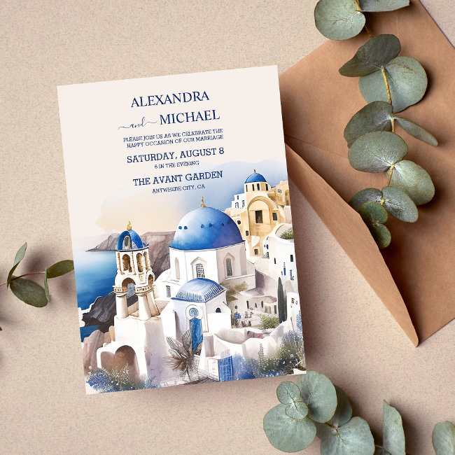 Watercolor Santorini Destination Wedding Invitation