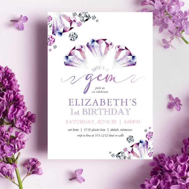 Watercolor She's A Gem First Birthday Invitation