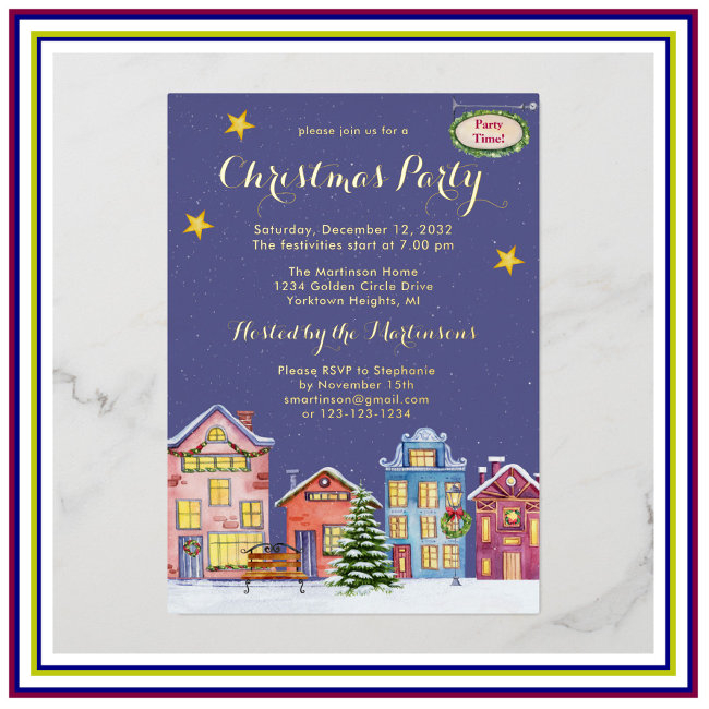 Watercolor Snow Village Christmas Party Foil Invitation
