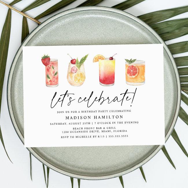 Watercolor Summer Cocktails Birthday Party Invitation