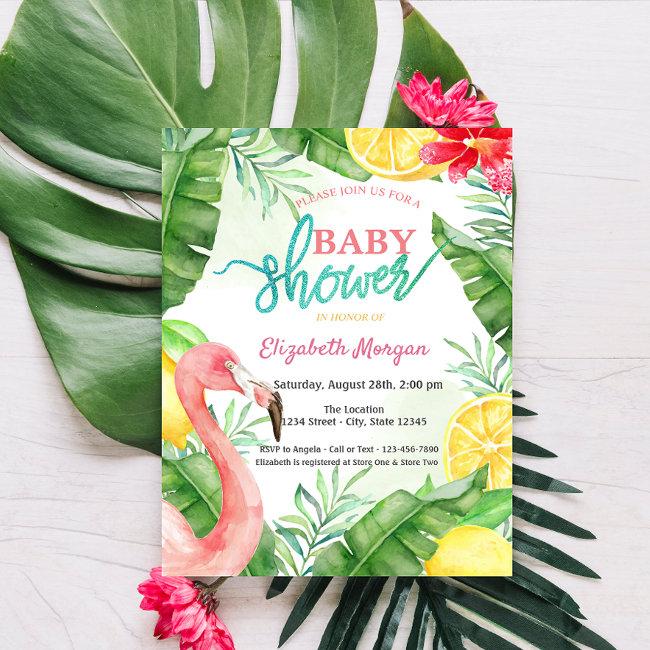 Watercolor Summer Flamingo Baby Shower Invitation