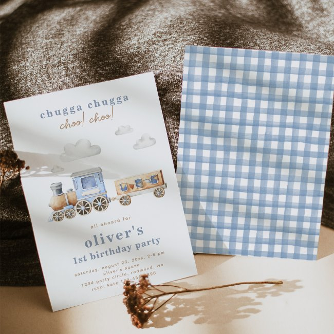 Watercolor Train Birthday Invitation | Blue Train