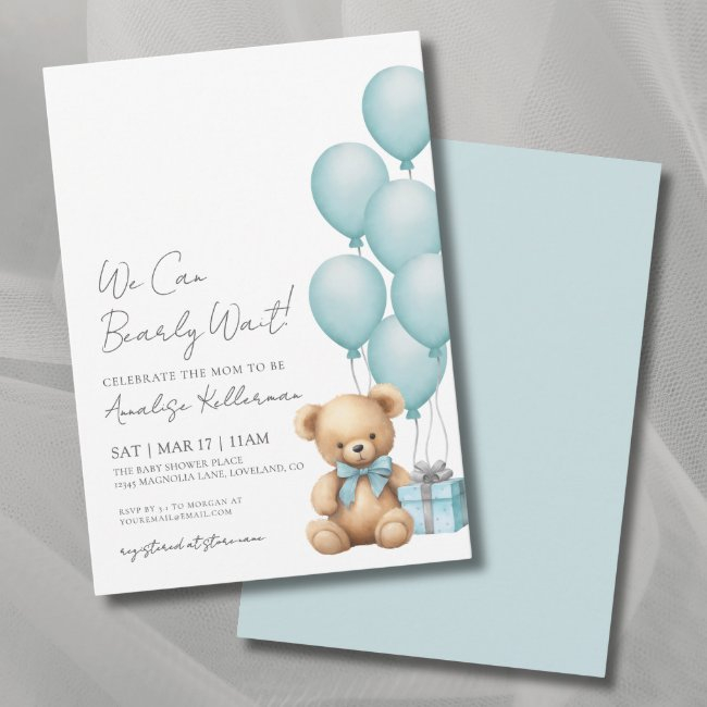 We Can Bearly Wait Blue Bear Baby Shower Invitation