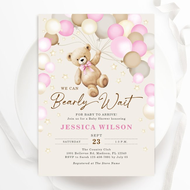We Can Bearly Wait Teddy Bear Baby Girl Shower Invitation