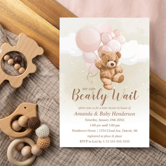 We Can Bearly Wait Teddy Bear Baby Shower Pink Invitation