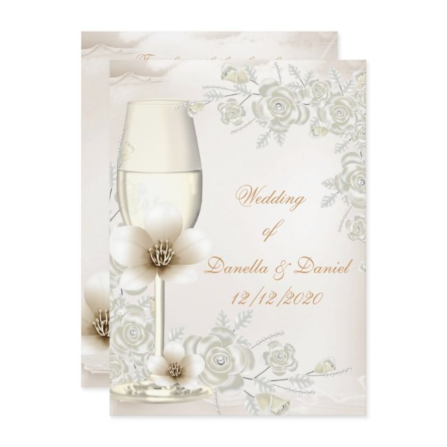 Wedding Cream Sepia Champagne Glass Flowers Invitation