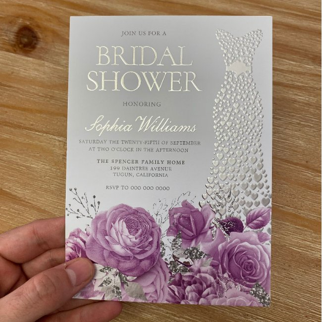 Wedding Dress Purple Lavender Floral Bridal Shower Foil Invitation
