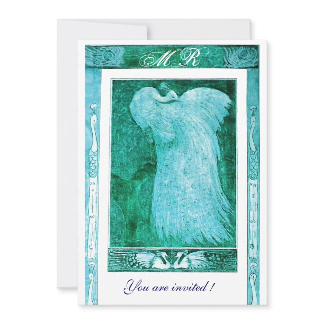 Wedding Love Peacock Monogram ,blue White Invitation