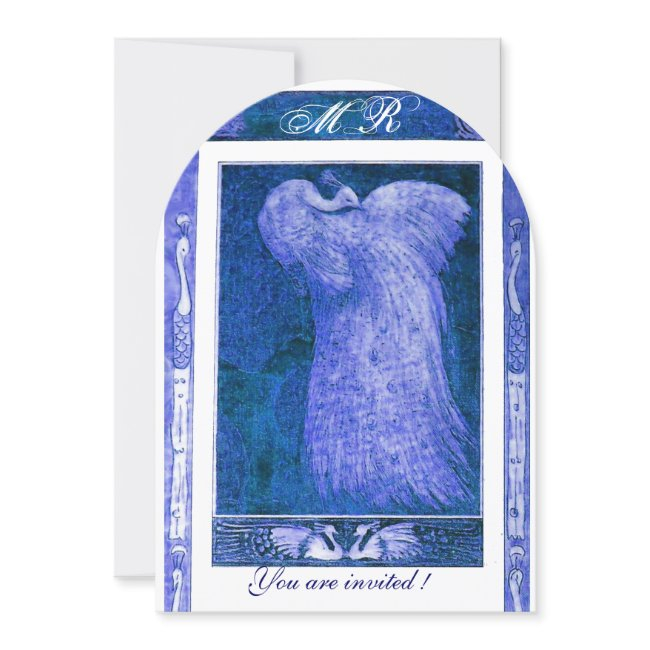 Wedding Love Peacock Monogram Blue White Invitation