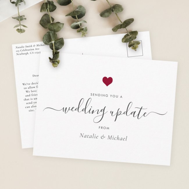 Wedding Update Postponed Elegant Script Red Heart Postinvitations