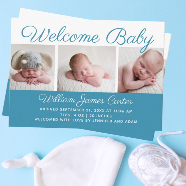 Welcome Baby Boy Blue Photo Cute Small Birth Enclosure Invitations