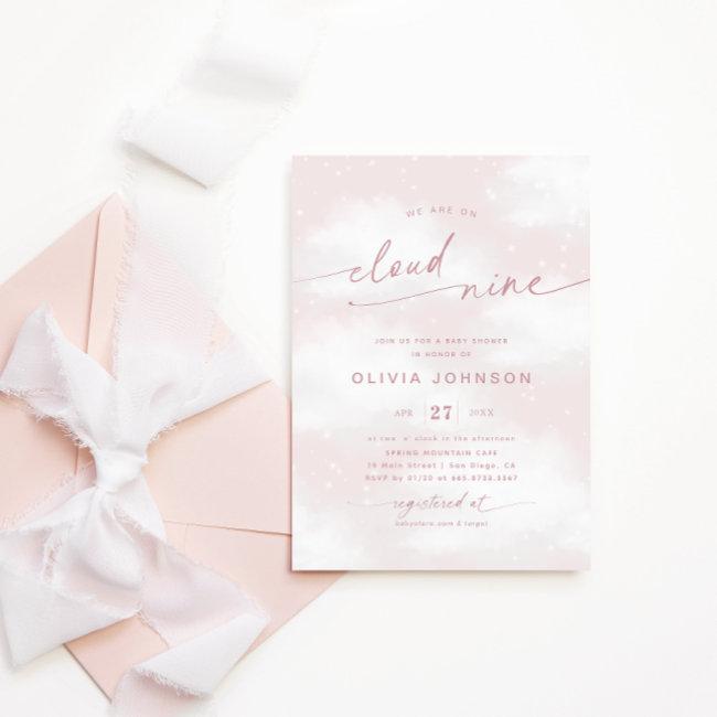 We're On Cloud 9 Dreamy Pink Baby Shower Invitation