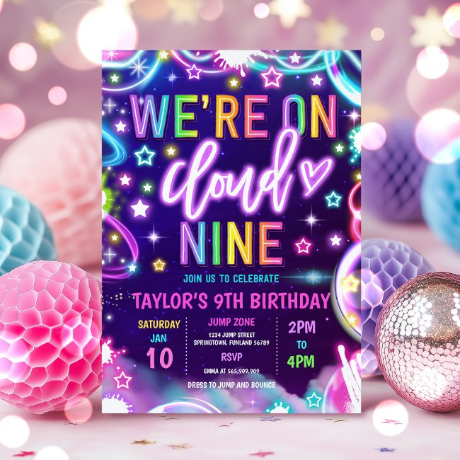 We're On Cloud 9 Neon Glow 9th Birthday Party Invitation