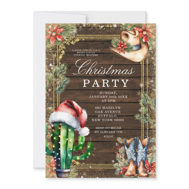 Western Cowboy Cactus Red Floral Christmas Party Invitation