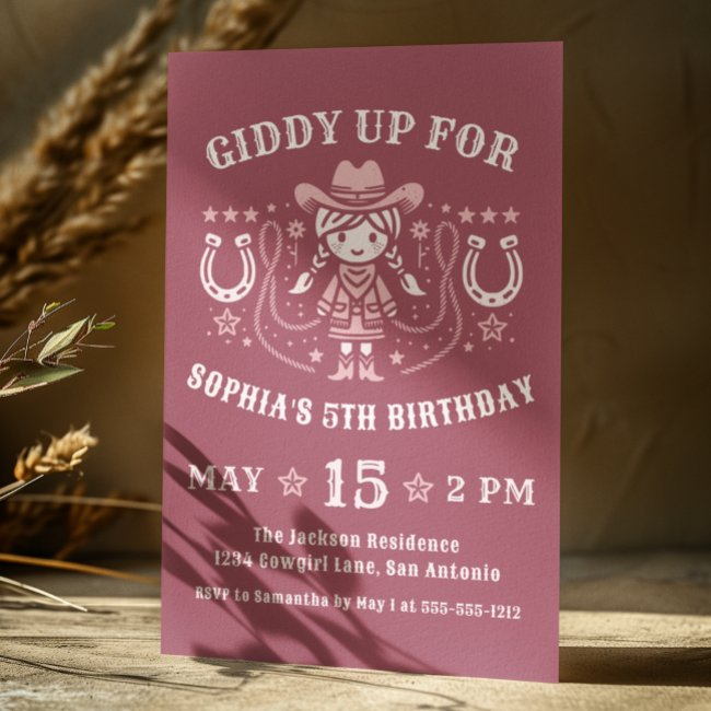 Western Giddy Up Pink Cowgirl Birthday Invitation
