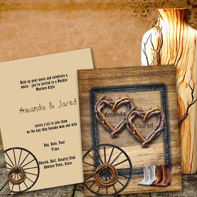 Western Wedding Twig Frames, Boots Wagon Wheel Invitation