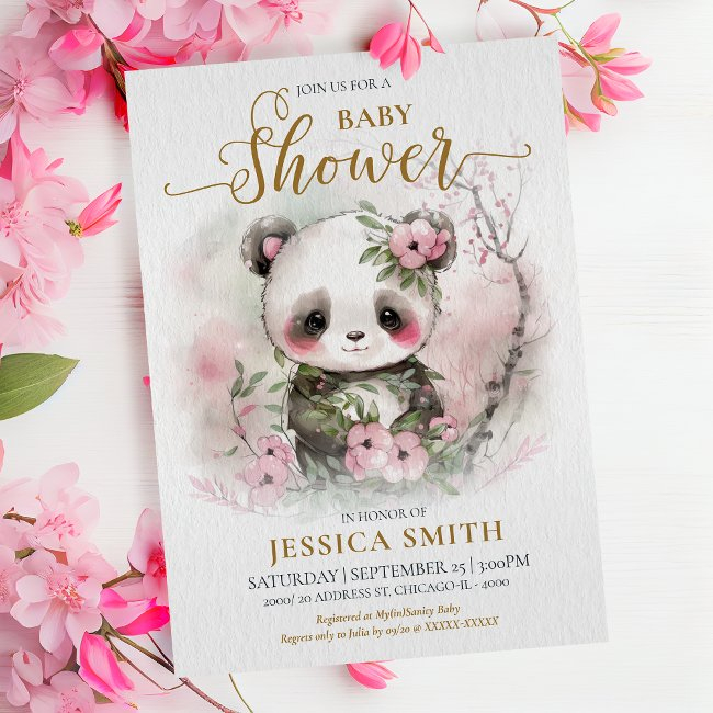 Whimsical Baby Panda & Cherry Blossom Baby Shower Invitation