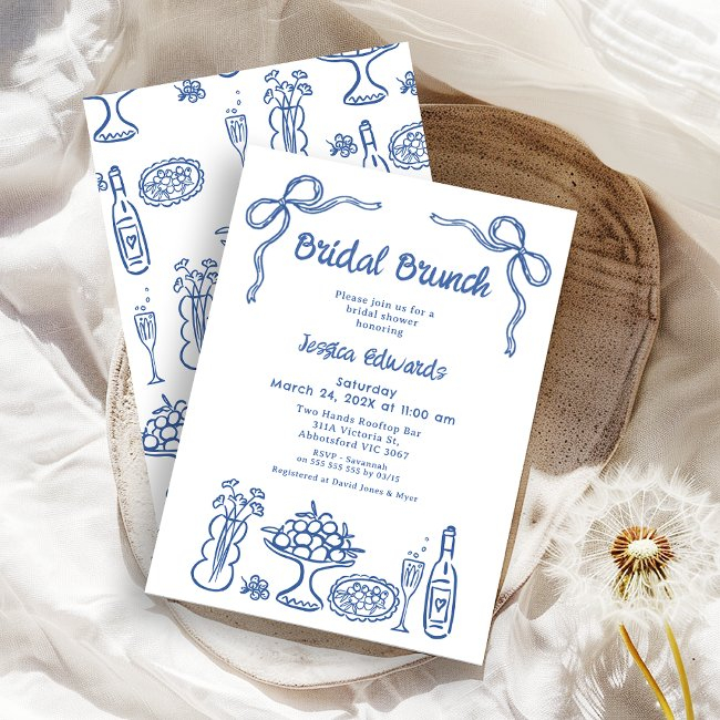Whimsical Blue Hand Drawn Bridal Brunch Shower Invitation