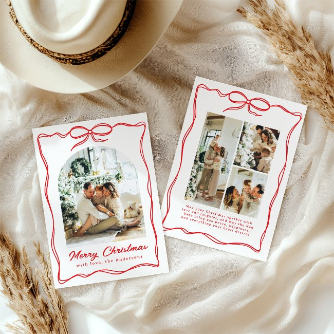 Whimsical Christmas Photo Hand-drawn Bow Ribbon Holiday Invitations