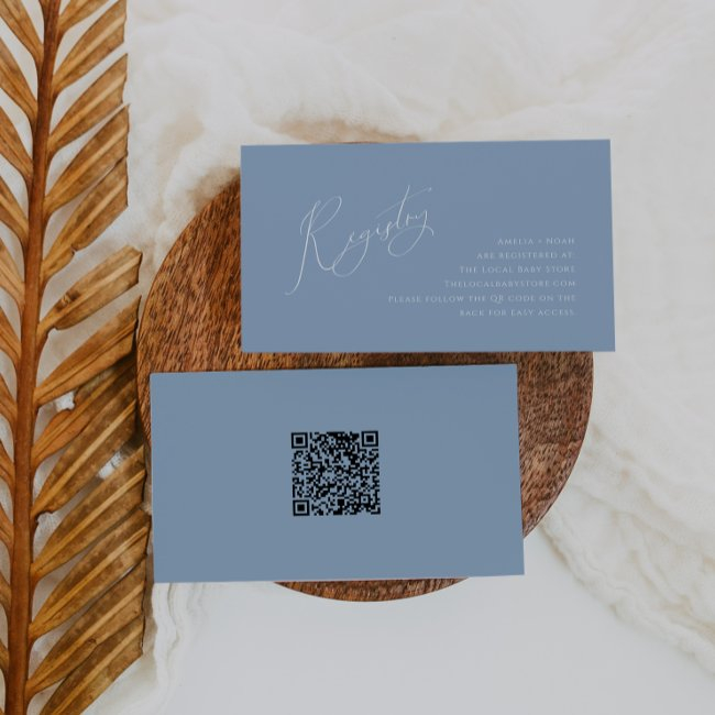 Whimsical Dusty Blue Qr Code Baby Registry Enclosure Invitations