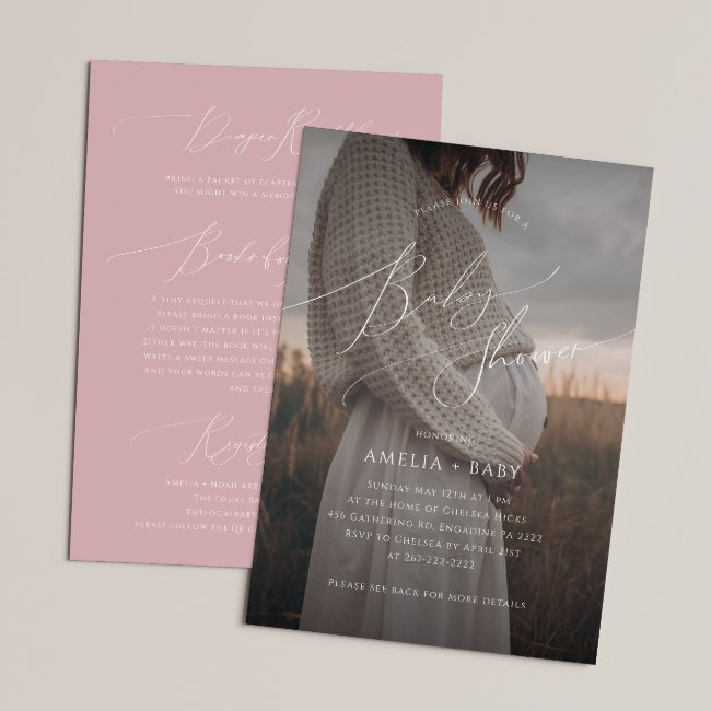 Whimsical Dusty Rose Photo All In One Baby Shower Invitation