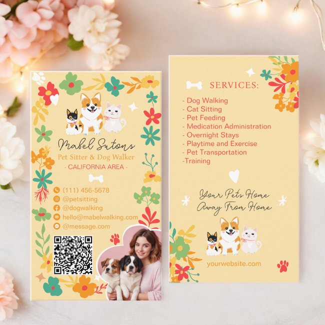 Whimsical Floral Cute Pop Pet Sitter Dog Walker Business Invitations