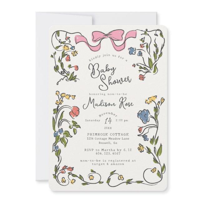 Whimsical Floral Girl Doodle Baby Shower Invite
