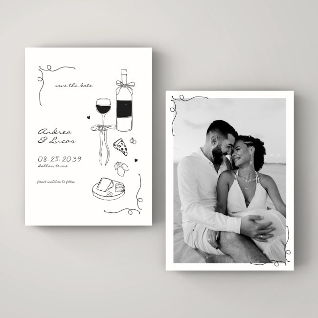 Whimsical Fun Hand Drawn Frame Wine Pizza Wedding Save The Date
