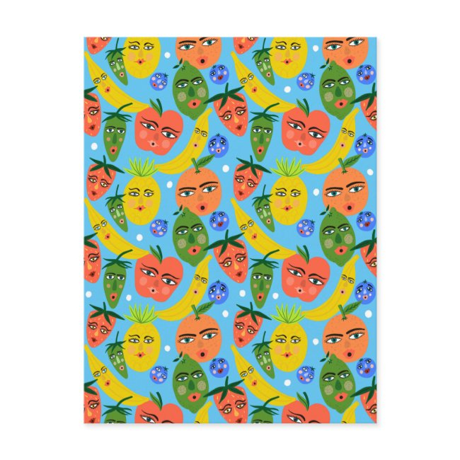 Whimsical Funny Fruit Salad Pattern Blue Postinvitations