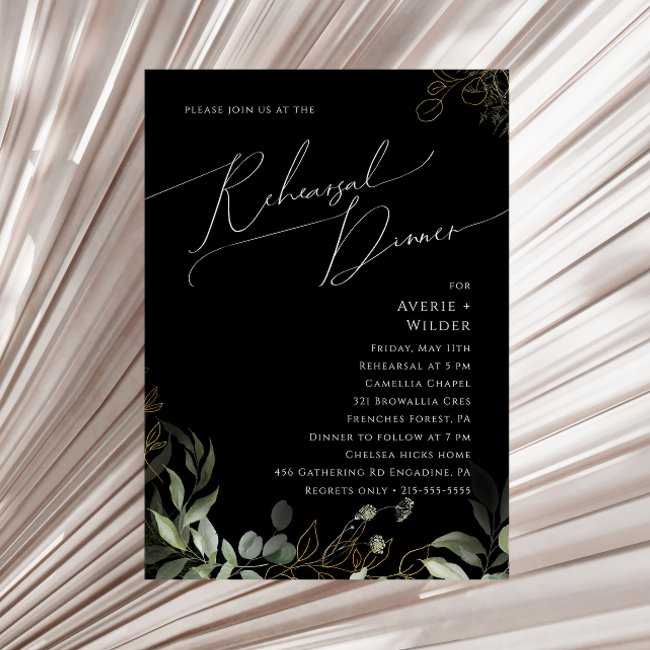 Whimsical Greenery And Gold Black Rehearsal Dinner Invitation