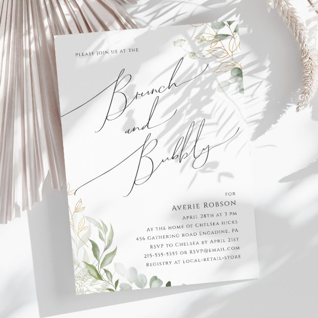 Whimsical Greenery And Gold | Brunch And Bubbly Invitation