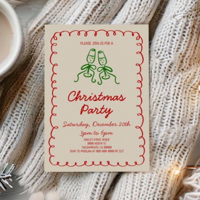 Whimsical Hand Drawn Champagne Christmas Party Invitation