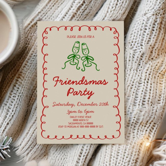Whimsical Hand Drawn Champagne Friendsmas Party Invitation
