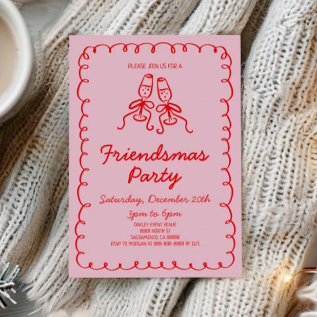 Whimsical Hand Drawn Champagne Friendsmas Party Invitation