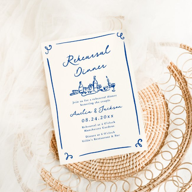 Whimsical Hand Drawn Navy Blue Rehearsal Dinner Invitation