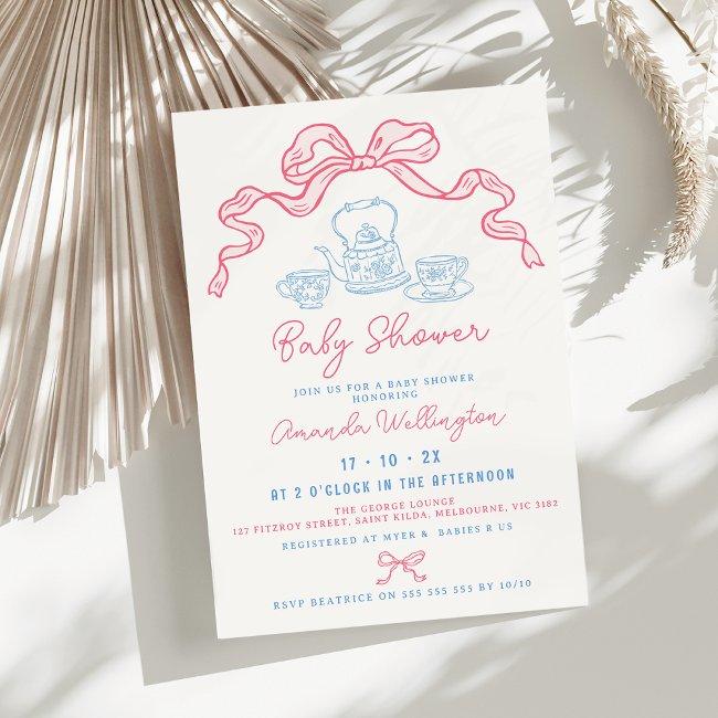 Whimsical Hand Drawn Tea Bow Baby Shower Invitation