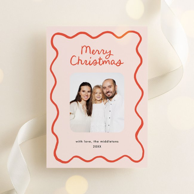 Whimsical Hand Drawn Wavy Border Christmas Photo Holiday Invitations