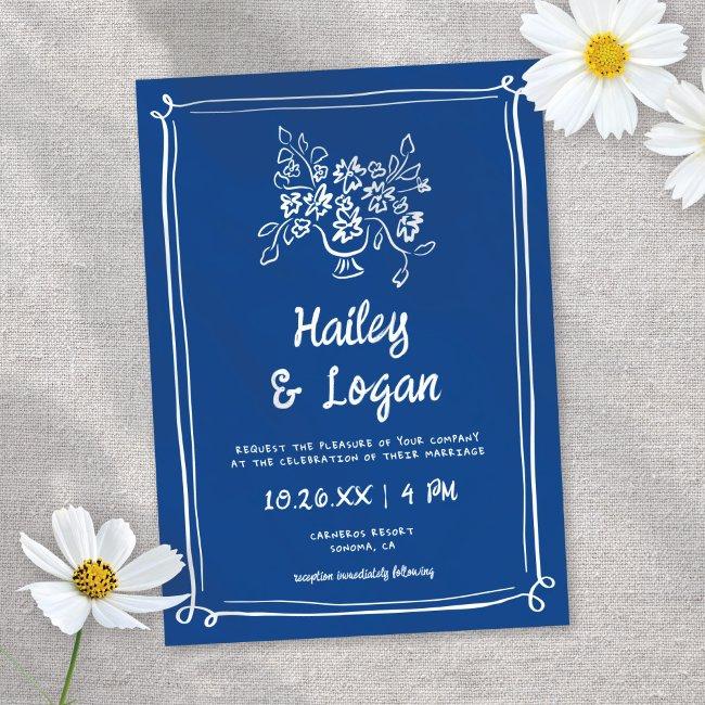 Whimsical Illustrated Blue Hand-drawn Fun Wedding Invitation