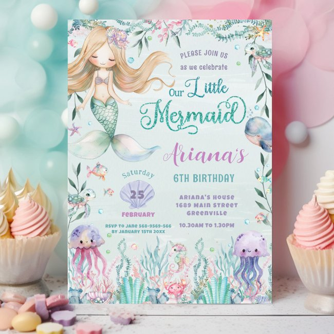 Whimsical Mermaid Under The Sea Pool Birthday Invitation
