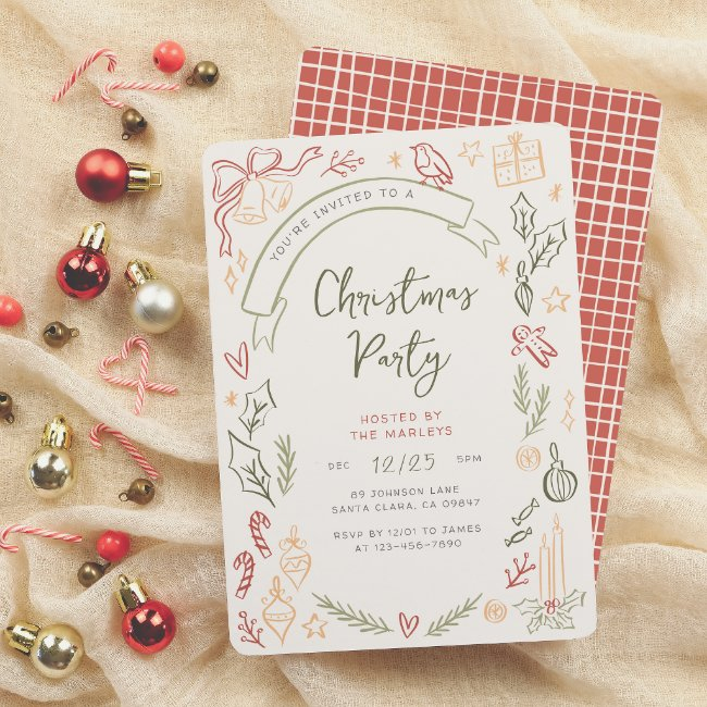 Whimsical Retro Illustrations Christmas Party Invitation