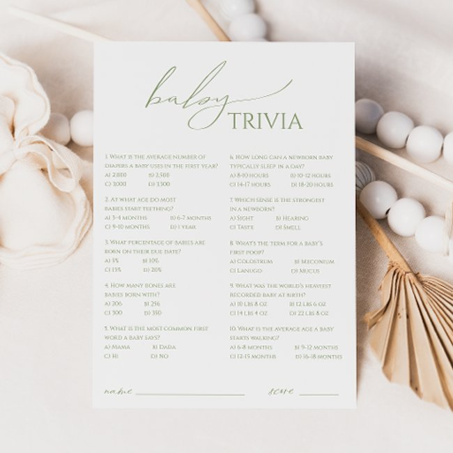 Whimsical Sage Green Baby Shower Trivia Invitations